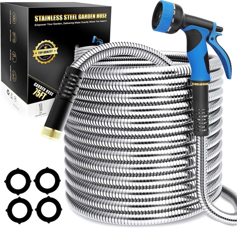 Lefree Garden Hose 75ft, Metal Garden Hose, Stainless Steel Hose with 10-Function Nozzle, Flexible Water Hose, Heavy Duty, Crush Resistant, Leak Proof, No Kinks Garden Hoses for Yard, Outdoors, Rv - Image 1